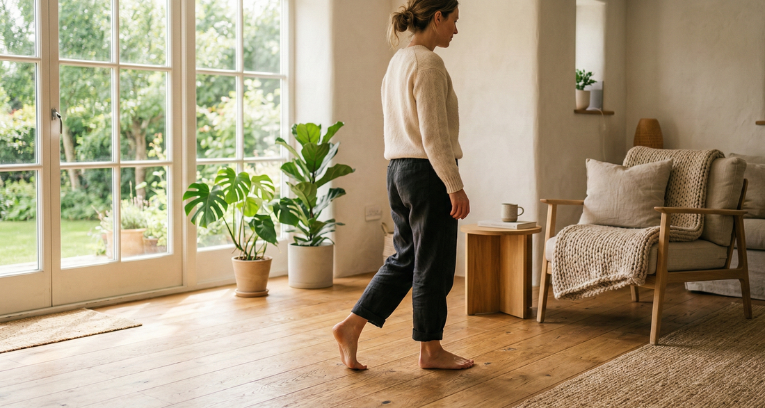 Barefoot woman on light oak flooring with Ryxon™ underfloor heating. Cozy modern home interior with large windows and natural sunlight.