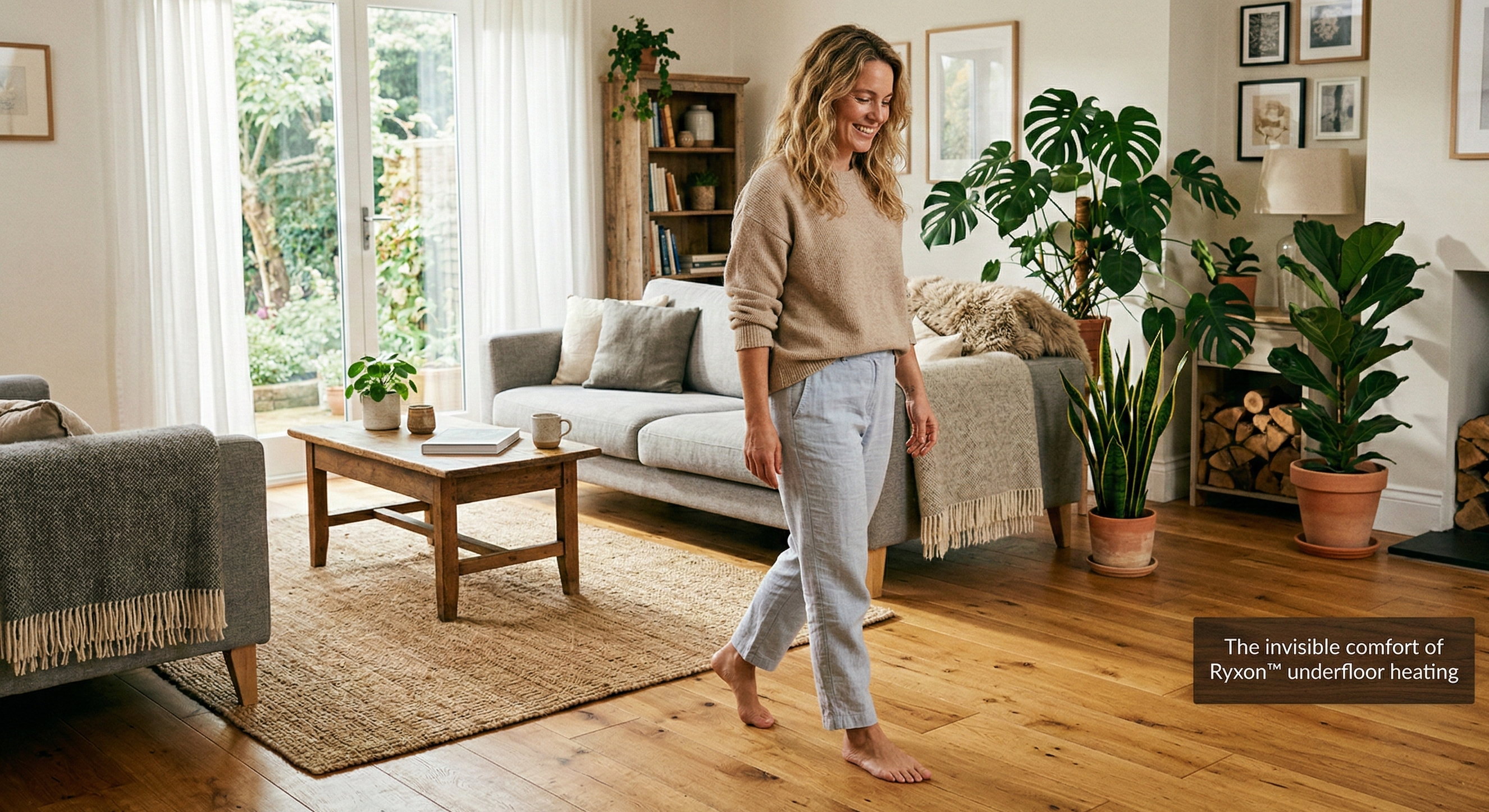 A woman walks barefoot on a warm wooden floor in a cozy, sunlit living room with Scandinavian decor and houseplants, showcasing the invisible comfort of Ryxon™ underfloor heating.