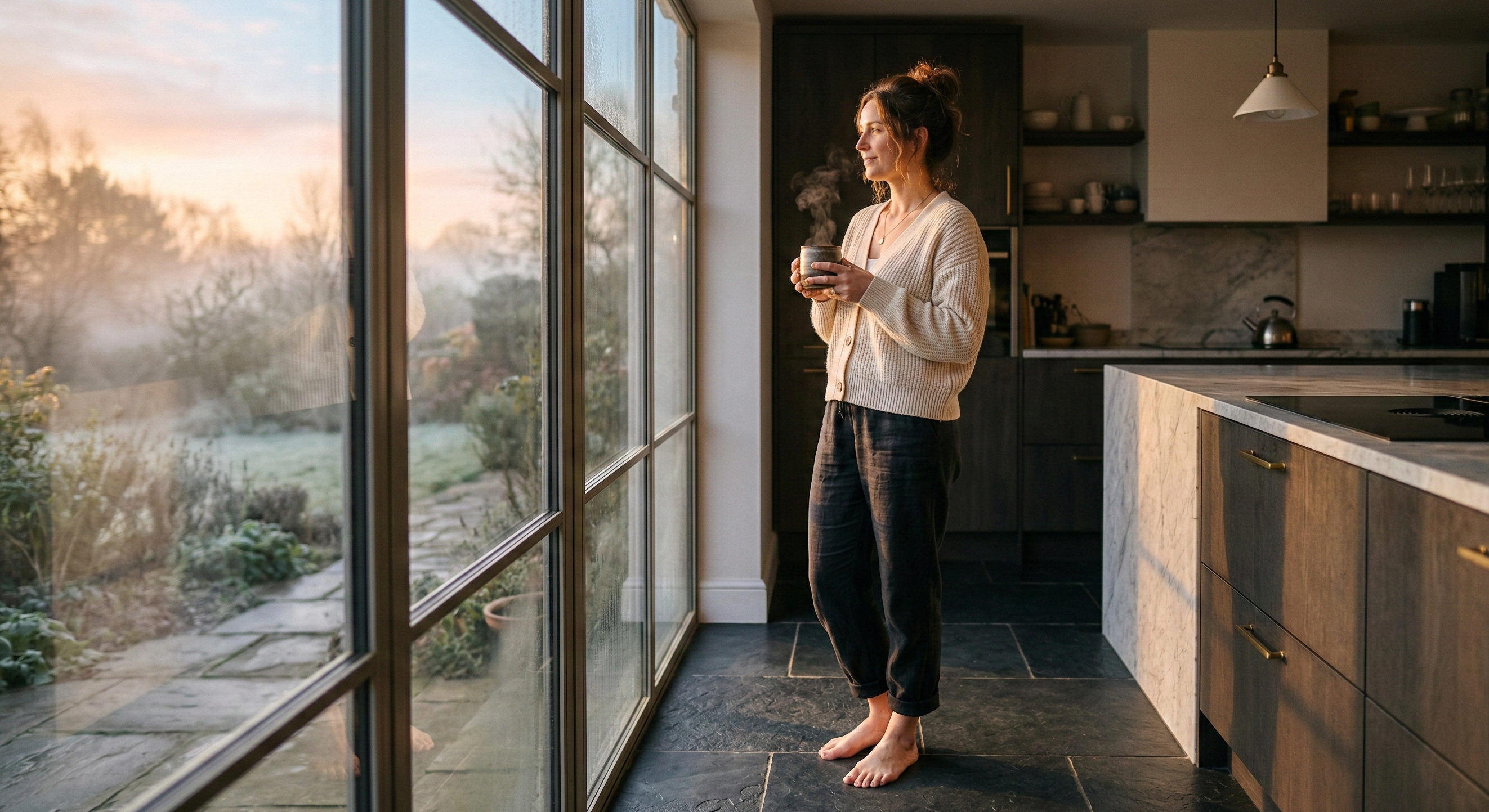 Warm slate floor, kitchen underfloor heating, 200W/m² heating efficiency, morning comfort