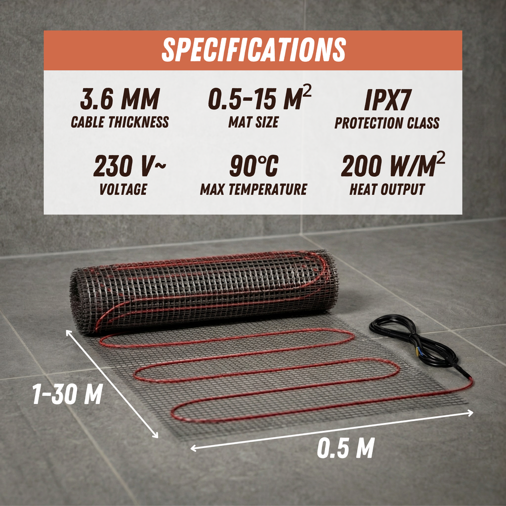 Ryxon HM-200-XX elektriskais apsildes paklājiņš grīdas apsildei, 200 W/m²