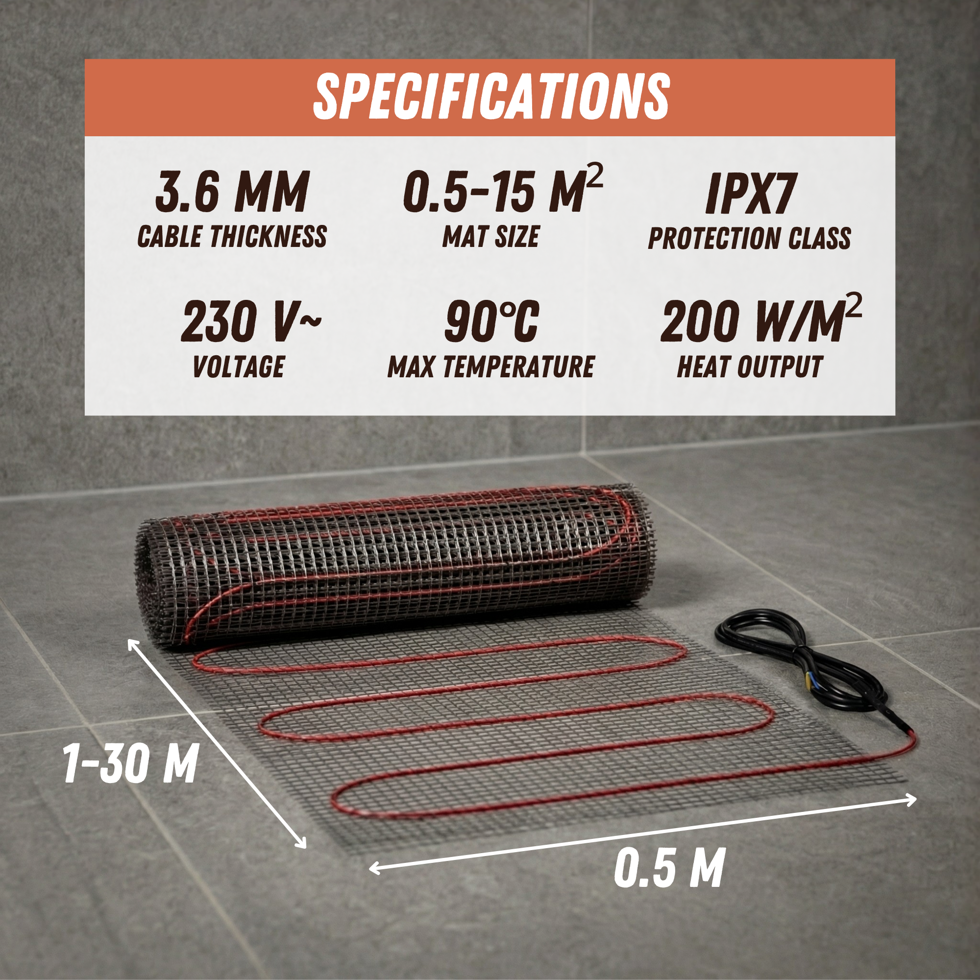 Ryxon HM-200-XX elektriskais apsildes paklājiņš grīdas apsildei, 200 W/m²